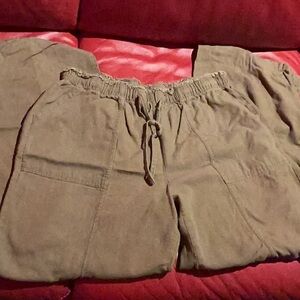 Haute Monde Olive Green Drawstring Linen Blend Pants